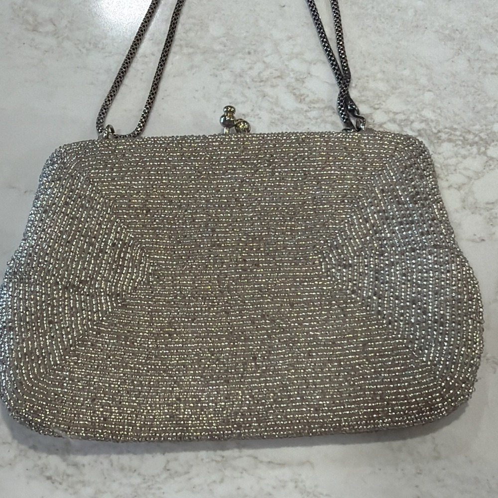 Vintage Delill Beaded Evening Bag Seed Bead Purse Silver &Gold Detachable Chain - Picture 6 of 16
